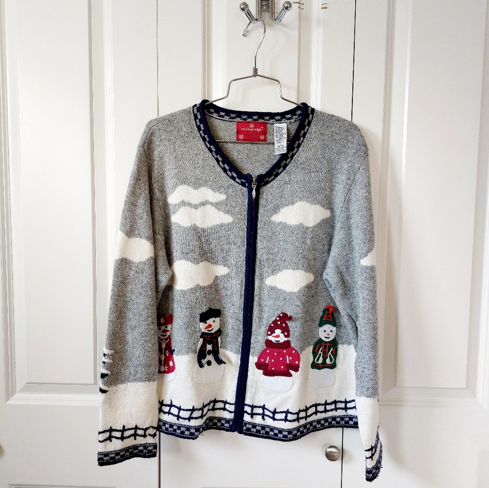 Snowmen Cloudy Day Zip Cardigan‎ Sweater Large NorthCrest Angora/Wool Christmas